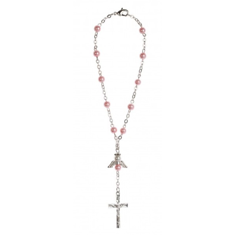 Dizainier perles nacrée rose avec ange et fermoir