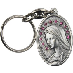 Porte clé métal argenté 1 face vierge et strass rose / 1 face Christ Miséricordieux