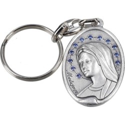Porte clé métal argenté 1 face vierge et strass bleu / 1 face Christ Miséricordieux