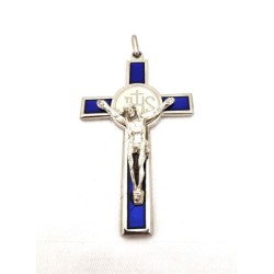 Pendentif croix bleue avec inscription "JHS" en métal. 7.5 cm"