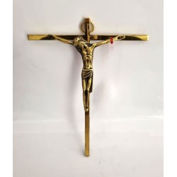 Croix en laiton poli avec Christ en bronze. 14 cm