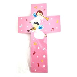 Croix rose en bois pour enfant avec ange. 15 cm