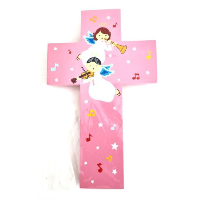 Croix rose en bois pour enfant avec ange. 15 cm