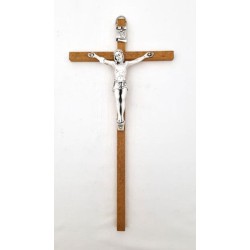 Houten kruisbeeld met het lichaam van Christus van metaal. 25 cm