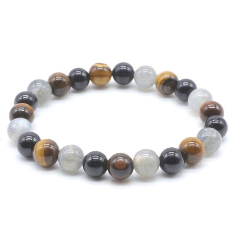 Bracelet élastique multi perle pierre naturelle 8mm - Labradorite/Tourmaline noir/Œil de tigre