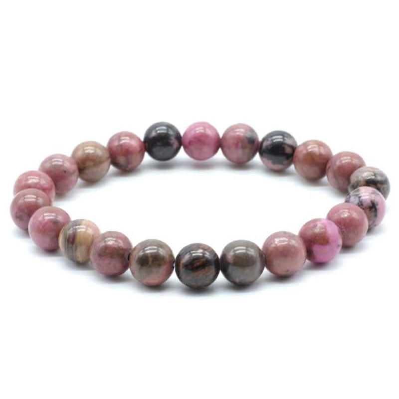 Elastische armband parel natuursteen 8 mm - Black Line Rhodonite