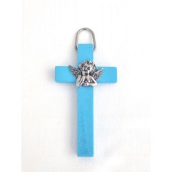 Croix en bois bleu avec buste d'ange métal  