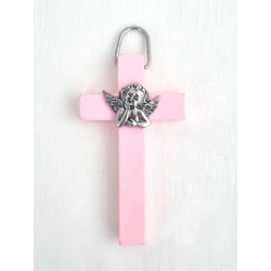 Croix en bois rose avec buste d'ange métal  