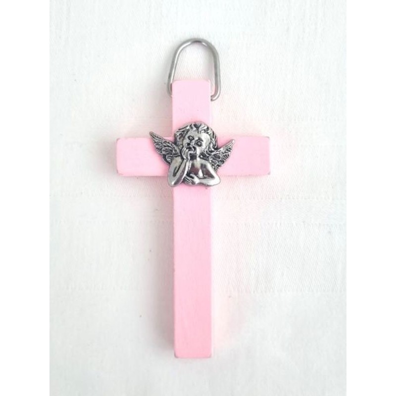 Croix en bois rose avec buste d'ange métal  