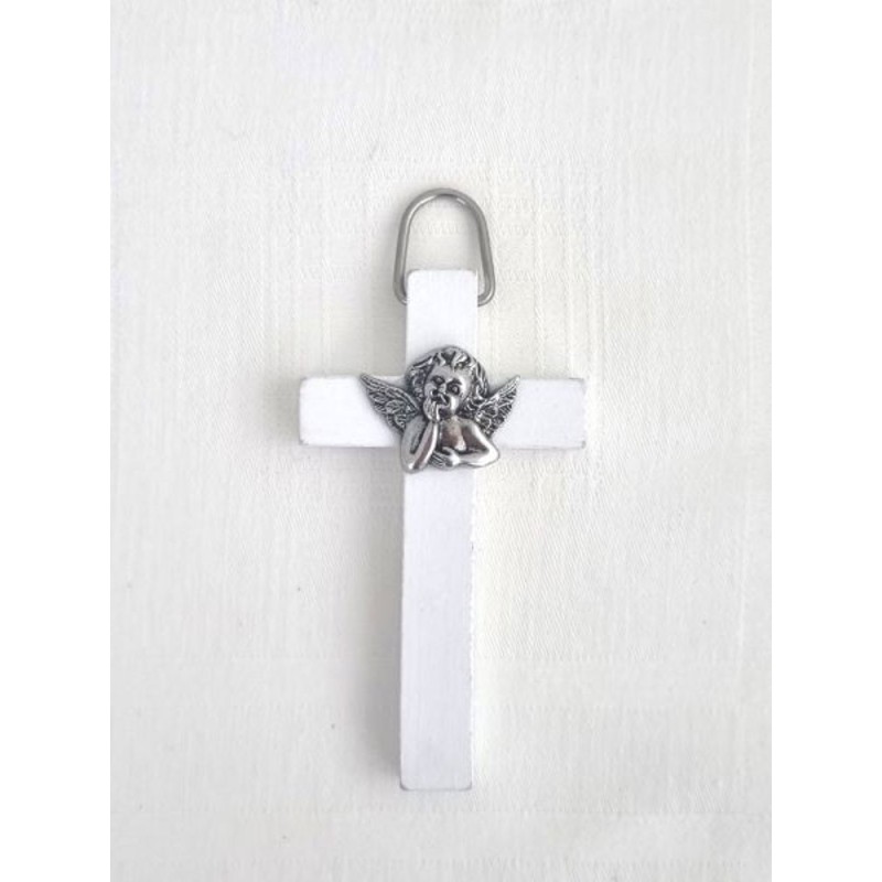 Croix en bois blanc avec buste d'ange métal  