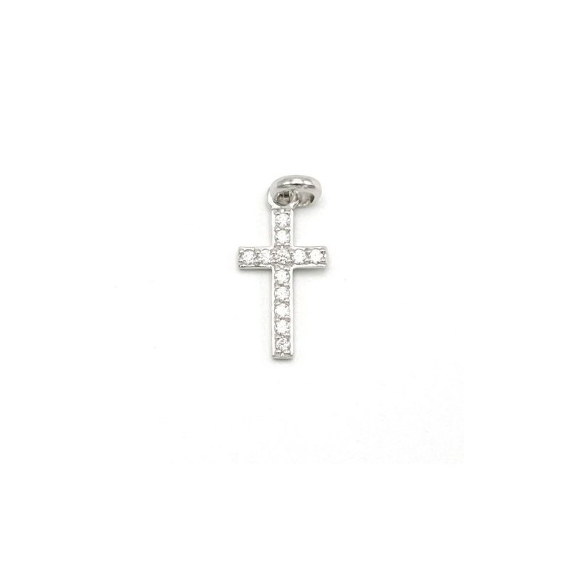 Pendentif croix en argent rhodié et zircons. 17 mm