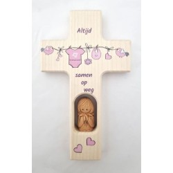 Croix en bois avec ange et texte en néerlandais. 15/9 cm