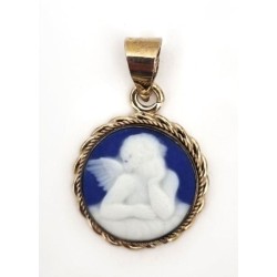 Médaille ronde en argent avec camé bleu d'ange gardien. 12 mm