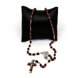 Chapelet de Notre Dame Lourdes en bois brun rouge sur chaine