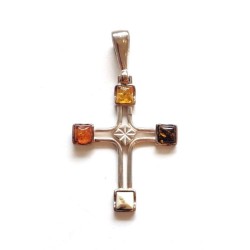 Pendentif croix en ambre et argent