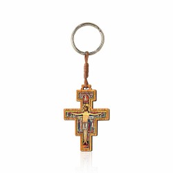 Porte clé croix de S. Damien en bois d'olivier 5.5x3.5cm