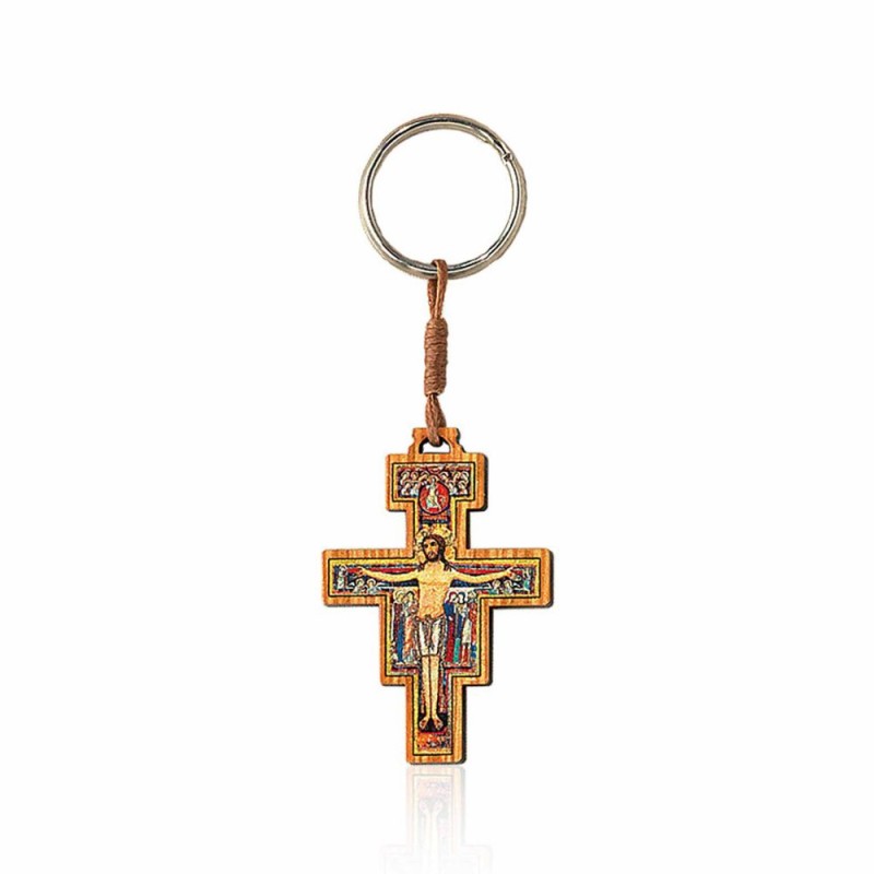 Porte clé croix de S. Damien en bois d'olivier 5.5x3.5cm