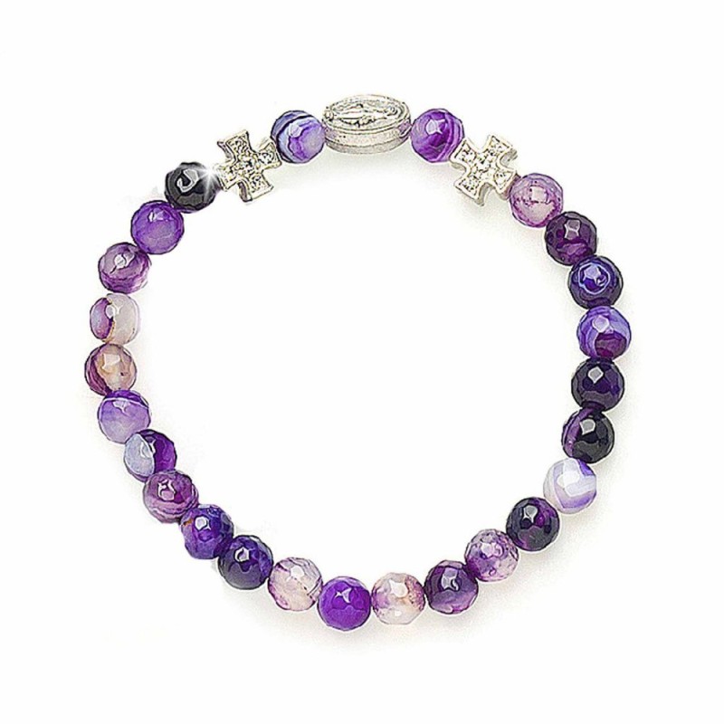 Elastische Braziliaanse armband van steen Agate, Amethyst en 6mm metaal kruis 