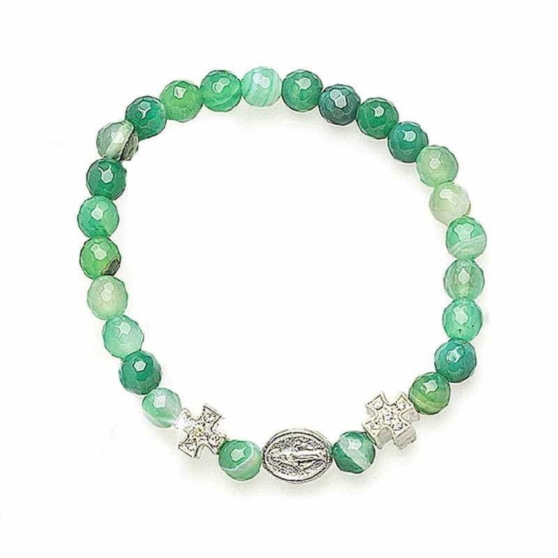 Braziliaanse elastische armband in groene agaatsteen en metalen kruis 6 mm 