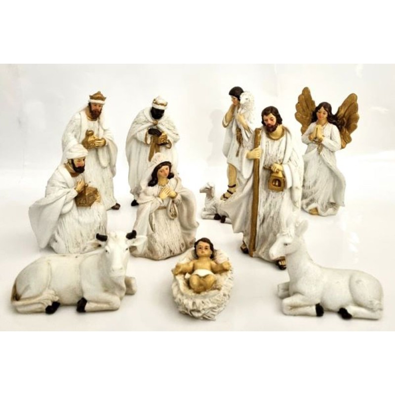 Set 11 sujets crèche polystone antic blanc 15cm