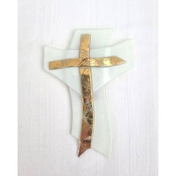 Croix en verre blanc avec Christ doré. 12/7 cm