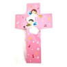 Croix rose en bois pour enfant avec ange. 15 cm