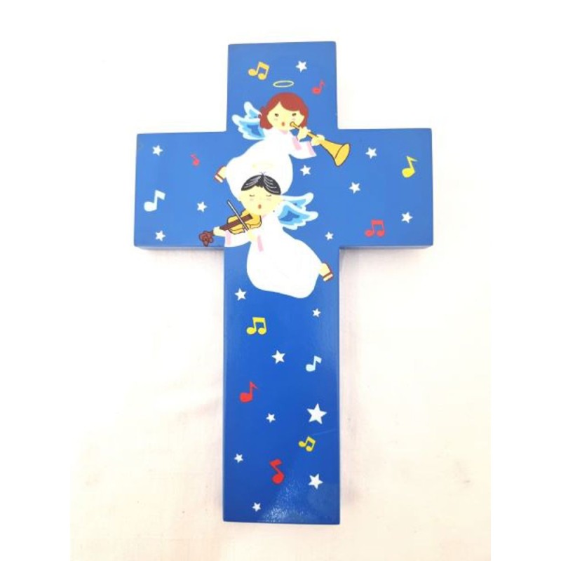 Croix bleue en bois pour enfant avec ange. 15 cm