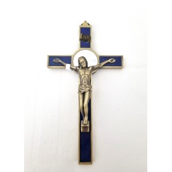 Croix de Saint Benoit en métal avec émail bleu. 17 cm