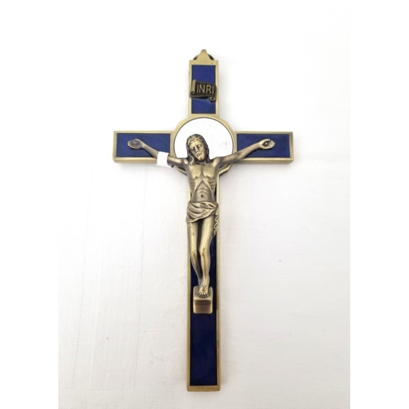 Croix de Saint Benoit en métal avec émail bleu. 17 cm