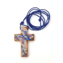 Collier avec croix en bois d'olivier et poisson bleu