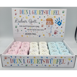 Cube dé de prière en bois (Texte en Allemand) Bleu Rose Blanc