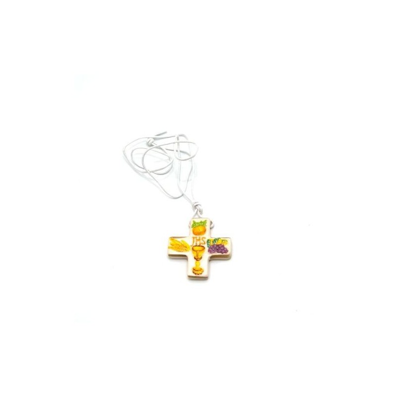 Croix de communion en céramique avec cordon blanc