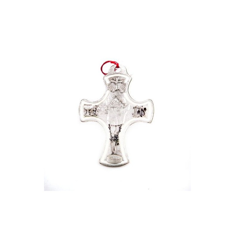 Croix avec visage du Christ et 4 symboles en métal et émail