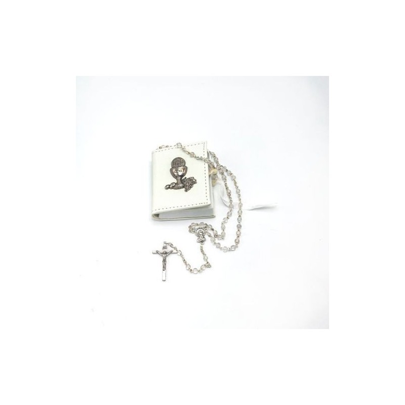 Chapelet de communion dans une boite en cuir blanc avec calice