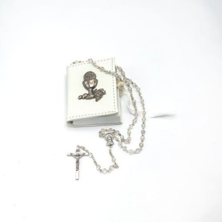 Chapelet de communion dans une boite en cuir blanc avec calice