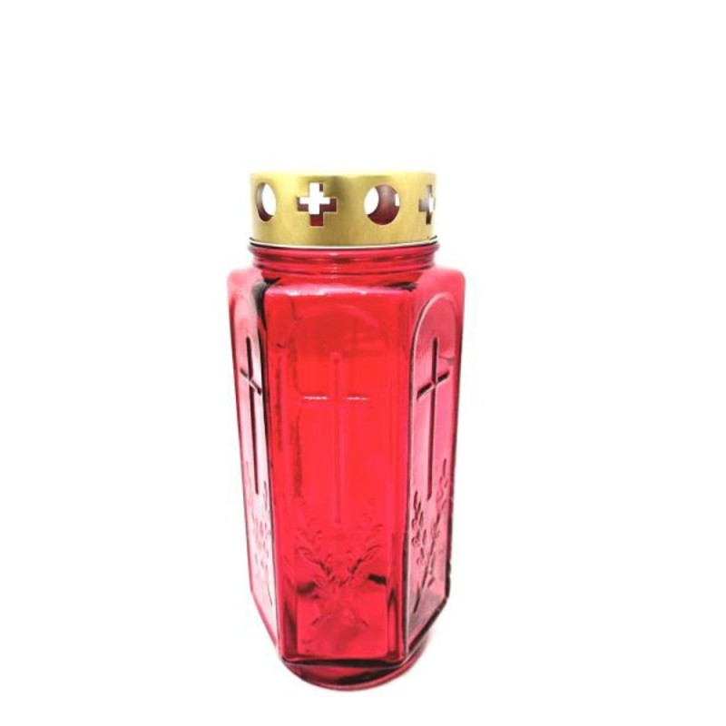 Lanterne de cimetière 21cm en verre rouge avec couvercle métal cuivré