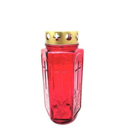 Lanterne de cimetière 21cm en verre rouge avec couvercle métal cuivré