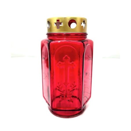 Lanterne de cimetière 17cm en verre rouge avec couvercle métal cuivré