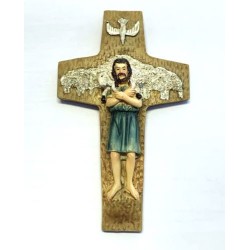 Croix en résine relief Bon berger / Pape François peinte à la main