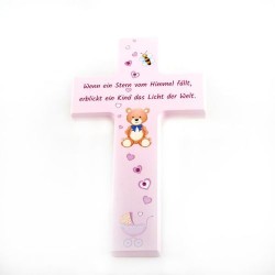 Croix avec ourson et texte DE. 20/12 cm