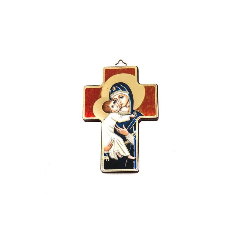 Croix avec Vierge et enfant en bois bleu. 13/9 cm