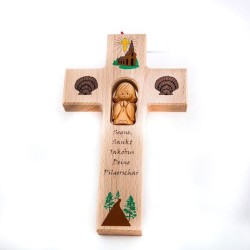 Croix en bois avec ange en terre cuite et texte en allemand. 20/12 cm