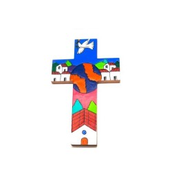 Croix en bois avec dessin coloré peint à la main. 15/9.5 cm