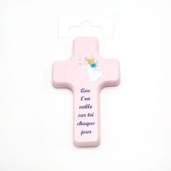 Croix rose avec ange et texte. 10/6 cm