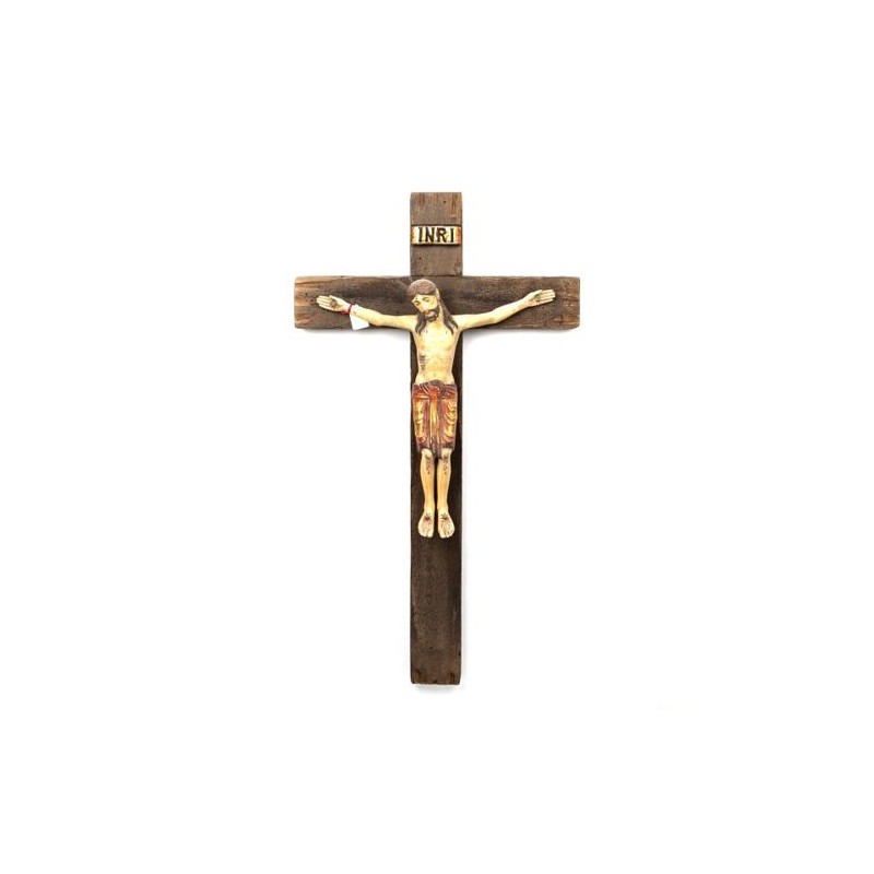 Crucifix en bois avec Christ coloré. 75/42 cm