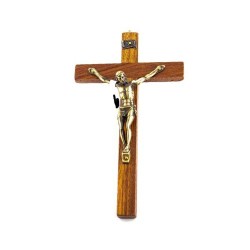 Een houten kruis met een gouden Christus. 15 cm