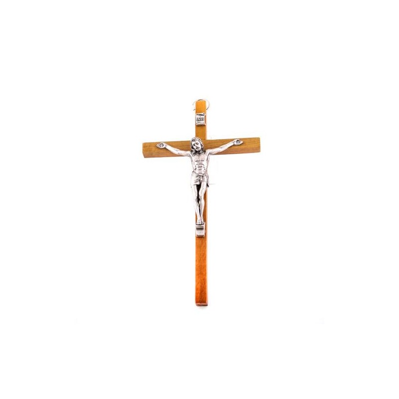 Crucifix en bois de hêtre avec Christ argenté. 15 cm