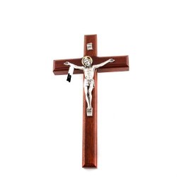 Crucifix en bois de hêtre avec Christ argenté. 23 cm