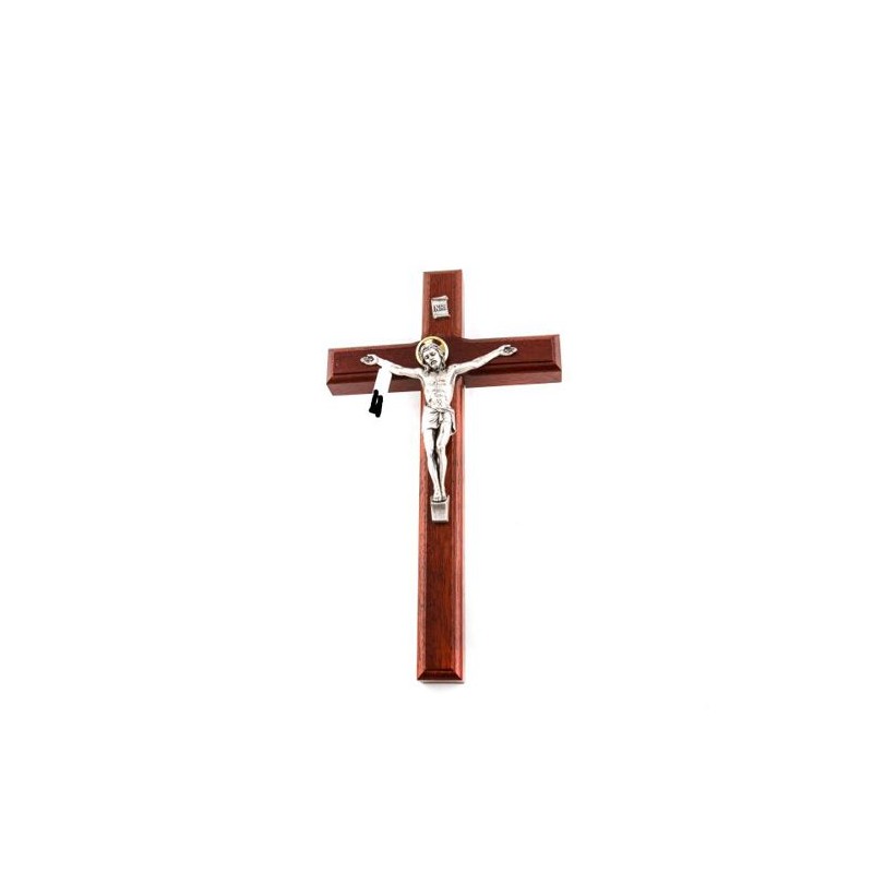 Crucifix en bois de hêtre avec Christ argenté. 23 cm