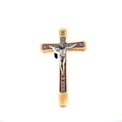 Crucifix en bois décoré avec Christ argenté. 20 cm